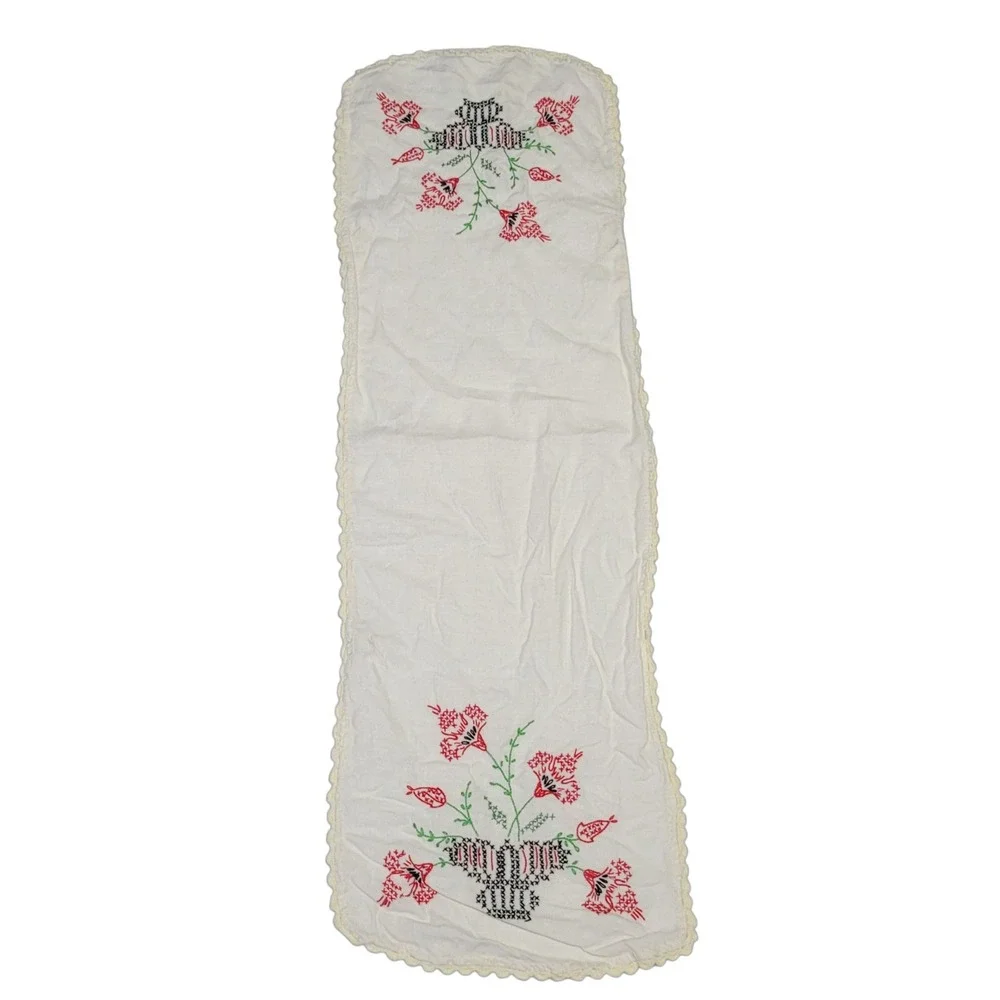 Hand Embroidered Linen Table‎ Runner Red Floral Cross Stitch Crochet Trim